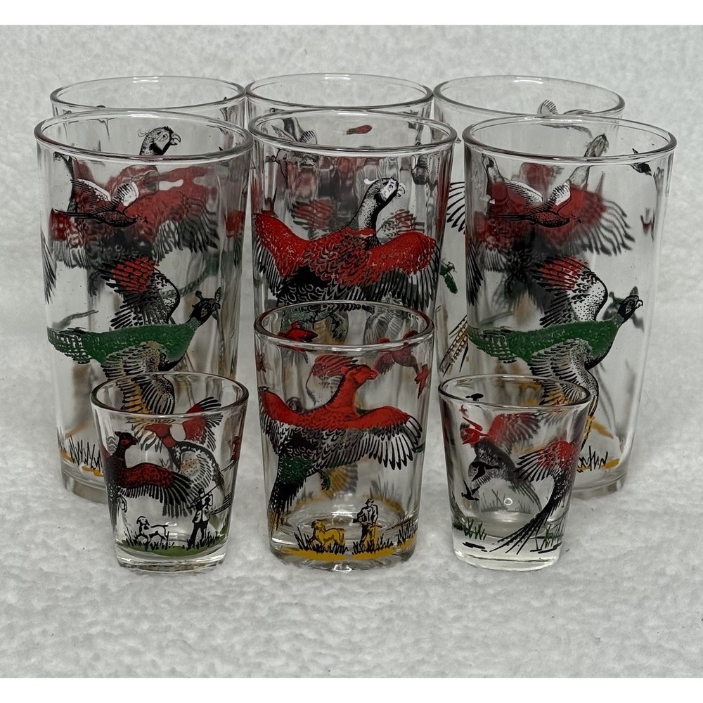 Vtg Hazel Atlas Pheasant Drinking 6 Glasses Tumblers  Shot Tumbler Red Gold 5"